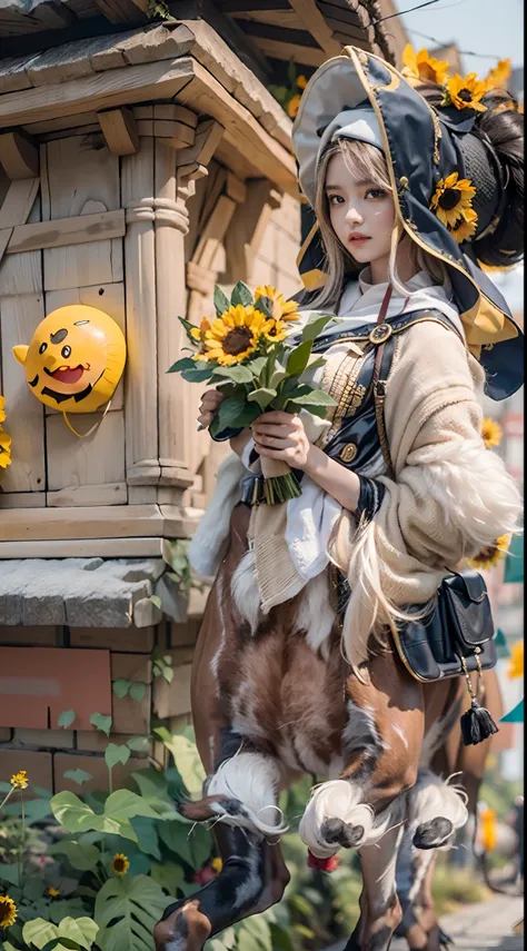 In a very grand scene，The extra-large wide-angle lens captures the appearance of a female centaur。She is a Sunflower Worship nun，Always opposed（Healing emoji smiley face of knitted sunflower puppet😊：99.99）DOA。She is tall，It has the ultimate curvy beauty，Th...