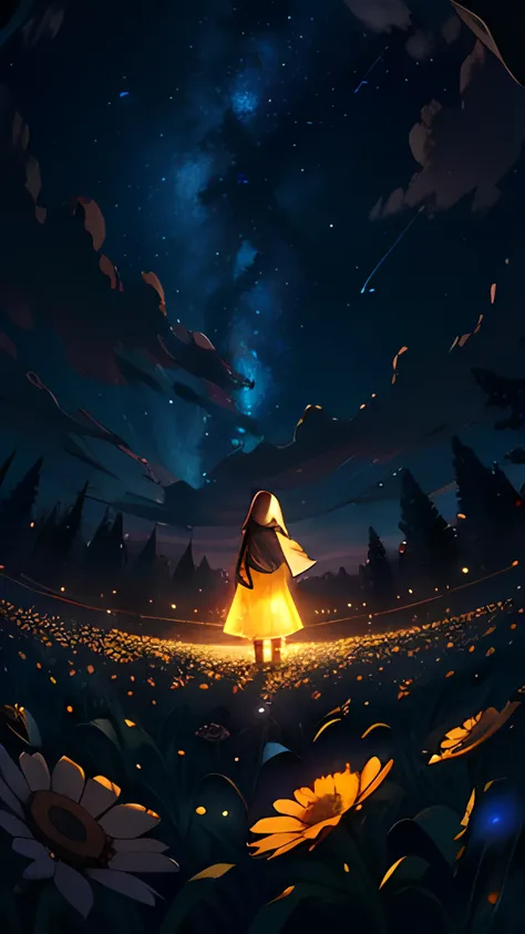 View from below with a view of the sky and street below, muslim girl standing in a field of higland flowers looking up, Sparkling lighting, Atmospheric Illumination, detailed hijab, million of stars, A shooting star visible from the position of the head fl...