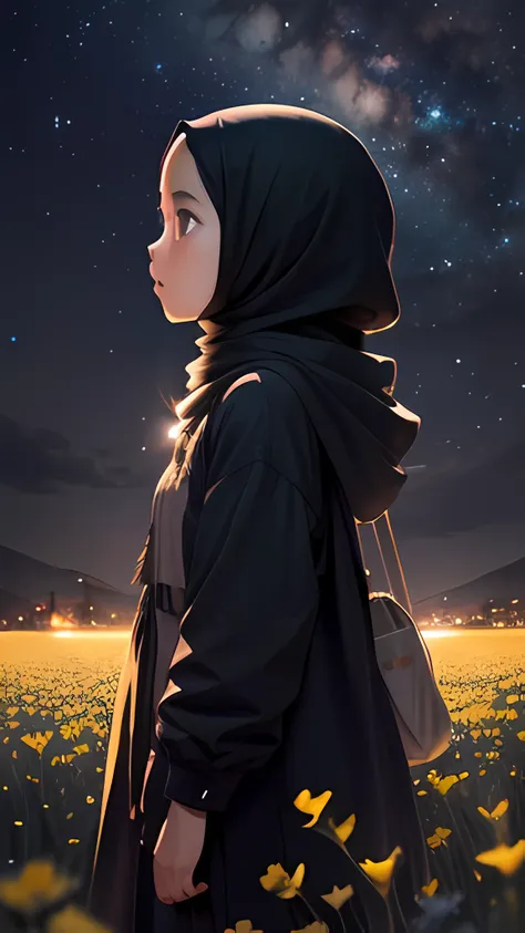 View from below with a view of the sky and street below, muslim girl standing in a field of higland flowers looking up, beautiful field of flower, Sparkling lighting, Atmospheric Illumination, detailed hijab, million of stars, A shooting star visible from ...