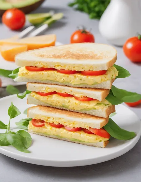 Healthy omelette sandwiches,Omelette with whole wheat bread sandwich，Add lettuce、Tomatoes and avocados，Then sprinkle with a little low-fat cheese,white backgrounid，A subject