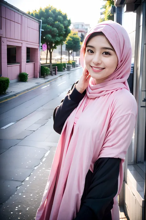 arafed woman wearing a pink scarf and a pink head scarf, hijab, slight cute smile, with lovely look, inspired by naza, with a be...