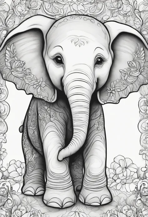 coloring page of cute baby elephant, only line drawing, no color,