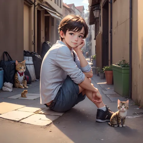 best quality, high resolution, distinct image, (many (detailed) little guy) and one guy:1.3), focus on bag, little (detailed) city around guy,background is back alley, detasiled sunlight, sitting, guy looking viewer, front view, ( looking viewer:1.2), sitt...