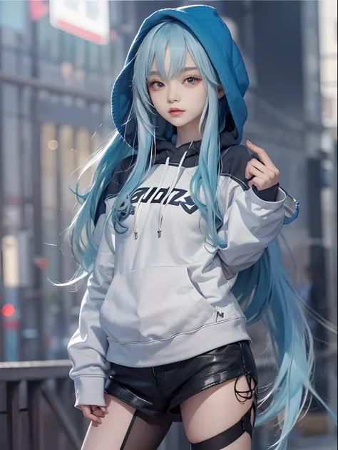 tmasterpiece，1girll，独奏，long whitr hair，blue hairs，hoody，cropped shoulders：1.2，mob cap，the street，hand on hips，hand on pockets，blackstockings