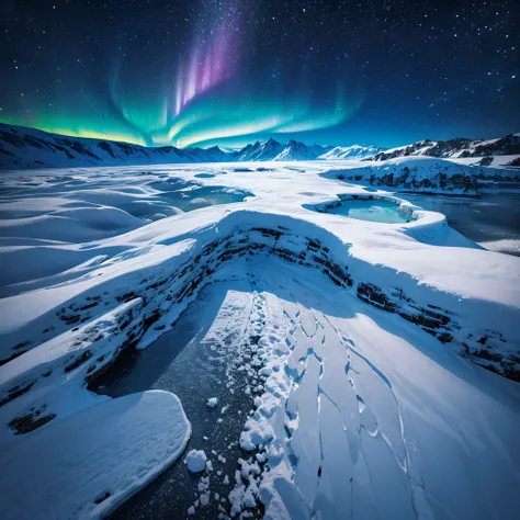 Frozen Lake: A frozen lake surrounded by snow-covered mountains, illuminated by the Northern Lights in the night sky.