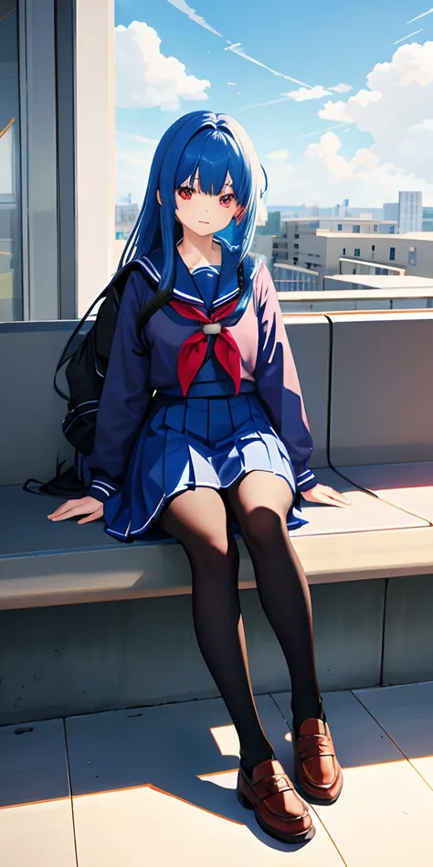 One anime girl, medium blue hair, curved hair, light red eyes, school uniform, mid day time, school rooftop, sitting on bench