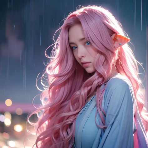 Elf, 1 woman, long curly hair, pink hair, blue eyes, crying, sad, raining, night, moon