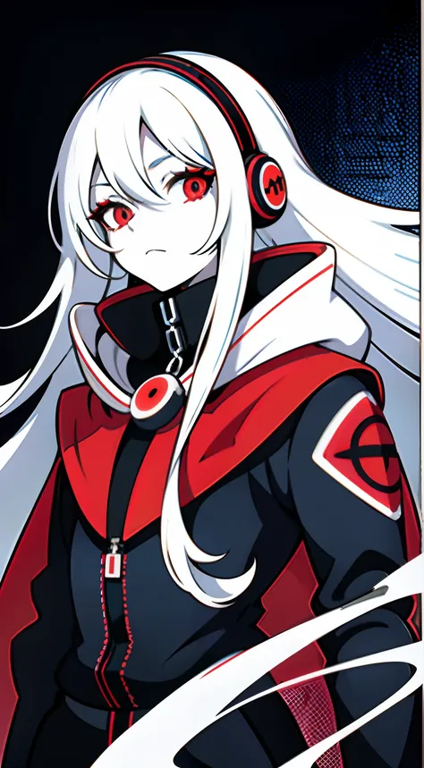 upper body, 1woman, white hair, Long Haired, red eyes, (Hacker cyber), red Hood Cape, big breats, wallpaper, Chain background, light particles, (masterpiece), best quality, Top Quality, pale white skin, solo, cyber blue headphone, sleek black clothing, mul...