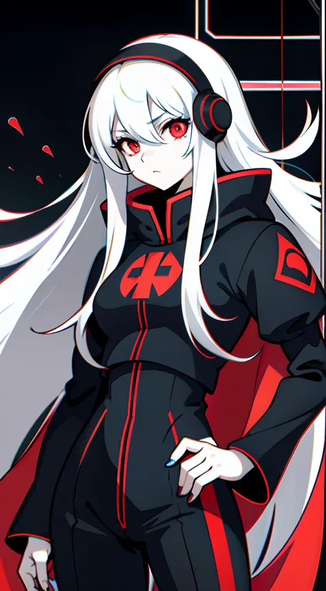 upper body, 1woman, white hair, Long Haired, red eyes, (Hacker cyber), red Hood Cape, big breats, wallpaper, Chain background, light particles, (masterpiece), best quality, Top Quality, pale white skin, solo, cyber blue headphone, sleek black clothing, mul...