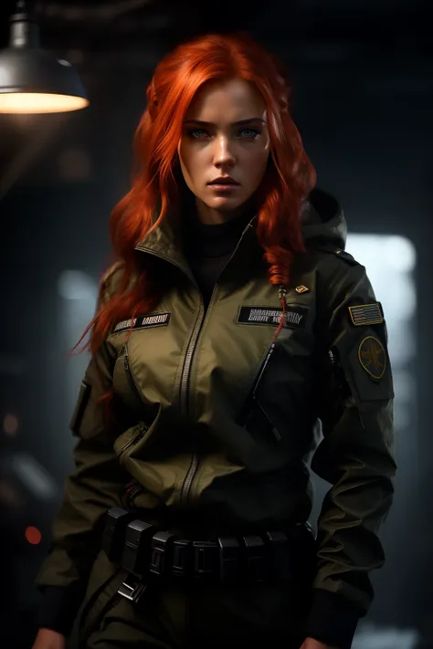 cozy, close-up photo of an arafed woman (with a rifle:1.2) in a dark room, redhead female cyberpunk, infantry girl, unbuttoned military jacket, sexy body, female lead character, soldier girl, stunning character art, epic sci-fi character art, epic sci-fi c...