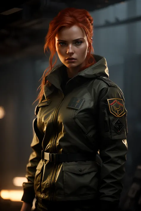 cozy, close-up photo of an arafed woman (with a rifle:1.2) in a dark room, redhead female cyberpunk, infantry girl, unbuttoned military jacket, sexy body, female lead character, soldier girl, stunning character art, epic sci-fi character art, epic sci-fi c...