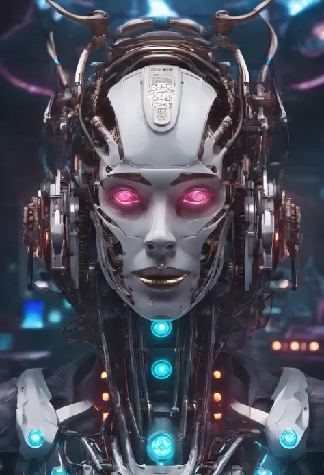 Cyborg Woman, (((Half Female Face, Half Robot Skull))), (((Flesh-colored skin))), Electronic Systems On-Head Humanoids, Detailed Brain in Sight, Detailed connection wire, mechanical limbs, tubes connected to the mechanical parts, mechanical vertebrae attac...