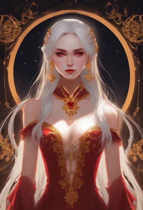 Masterpiece, high quality, HCNONE, pixel art, 1girl, white hair, ponytail, red gothic dress, simple gold color background, death stare, Eclipse background