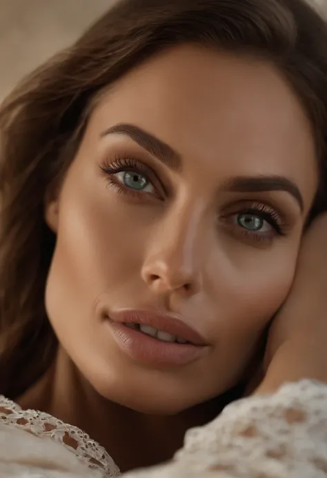 Arafed woman completely , fille sexy aux yeux bruns, ultra realist, Meticulously detailed, Portrait Angelina Jolie, cheveux bruns et grands yeux, selfie of a young woman, Dubai Eyes, Margot Robbie, sans maquillage, maquillage naturel, looking straight at c...