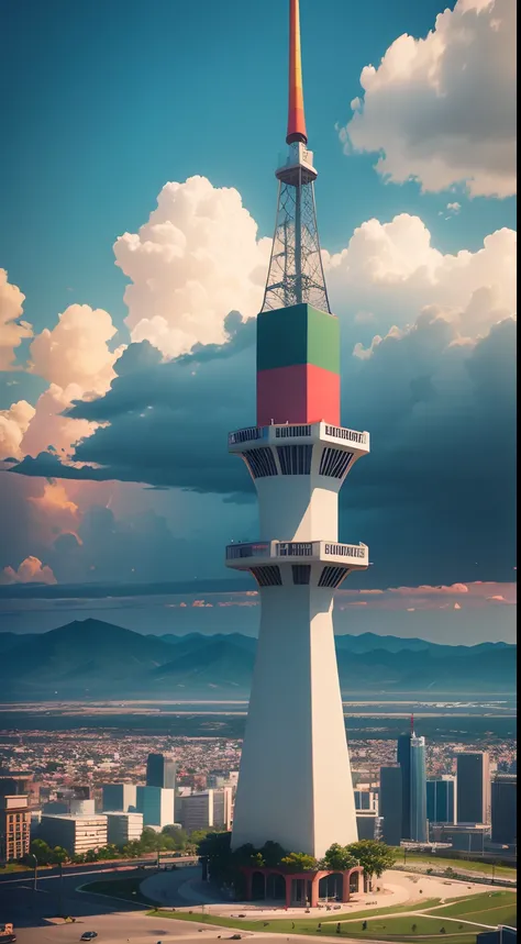 A colorful radio tower with a height of 1000 meters in the center of the city