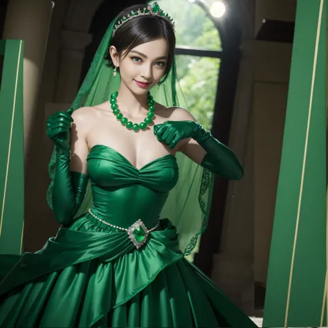 emerald tiara, Green Pearl Necklace, Boyish very short green hair, lipsticks, Japan woman smiling, very short short hair, fist, big breasts beautiful, Green eyes, Long green gloves made of satin material, Green eyes, Emerald Earrings, lesbian ,the kiss