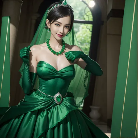 emerald tiara, Green Pearl Necklace, Boyish very short green hair, lipsticks, Japan woman smiling, very short short hair, fist, big breasts beautiful, Green eyes, Long green gloves made of satin material, Green eyes, Emerald Earrings, lesbian ,the kiss