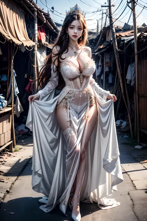 Princess of crime, slums, rubbish everywhere, creep: 2, luxury jewellery, princess crown, strapless evening gown, high heels, no underwear, white stockings, exposed buttocks, exposed large sagging breasts, white skin, 8K,