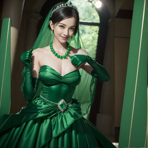 emerald tiara, Green Pearl Necklace, Boyish very short green hair, lipsticks, Japan woman smiling, very short short hair, fist, big breasts beautiful, Green eyes, Long green gloves made of satin material, Green eyes, Emerald Earrings, lesbian ,the kiss