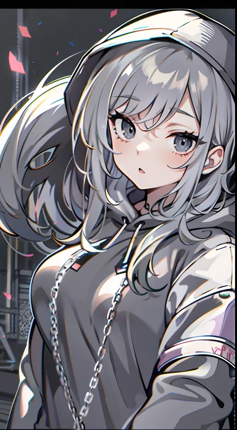 upper body, 1woman, grey hair, Long Haired, black eyes, (streetwear style), grey hoodie, big breats, wallpaper, Chain background, light particles, (masterpiece), best quality, Top Quality, pale white skin, solo