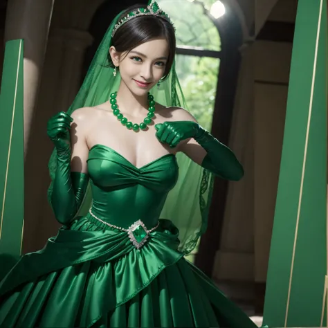 emerald tiara, Green Pearl Necklace, Boyish very short green hair, lipsticks, Japan woman smiling, very short short hair, fist, big breasts beautiful, Green eyes, Long green gloves made of satin material, Green eyes, Emerald Earrings, lesbian ,the kiss