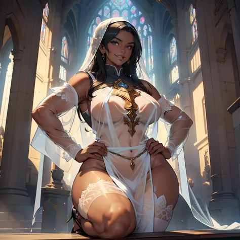 (high resolution, The pixels are perfect, luxurious illustration), (hyper qualit, Masterpiece, Ethereal: 1.4), (((see-through tabard:1.4)))，nun,(((Completely naked )))，in  church，((open leg))， ((bare Cameltoe))，mature female，Black areola,female public hair...