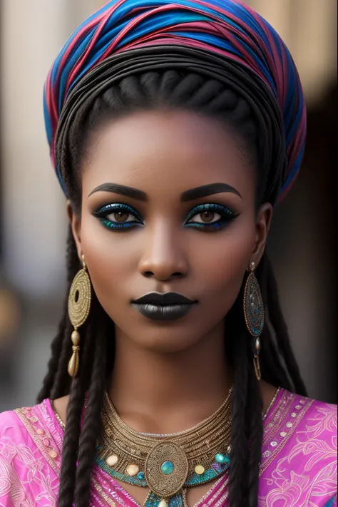 High resolution photo of beautiful (Detailed face) africain,Goth,iridescent,pink woman HDR 35mm colorful cute clothes