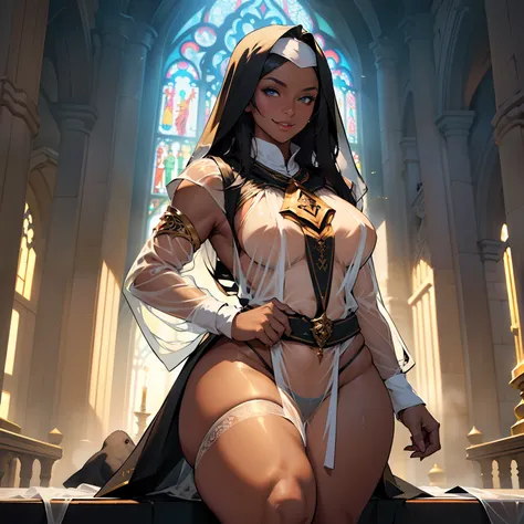 (high resolution, The pixels are perfect, luxurious illustration), (hyper qualit, Masterpiece, Ethereal: 1.4), (((see-through tabard:1.4)))，nun,(((Completely naked )))，in  church，((open leg))， ((bare Cameltoe))，mature female，Black areola,female public hair...