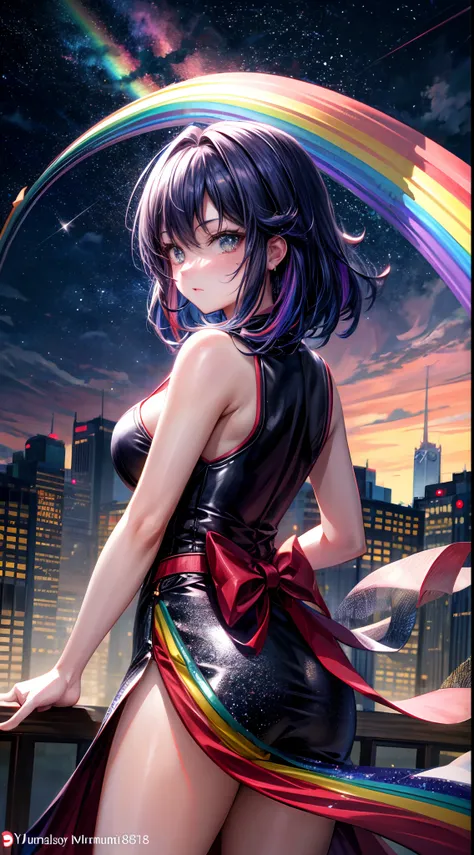 ((Rainbow Giant Shooting Star))、Anime girl looking at big city landscape,Near Future City、 makoto shinkai cyril rolando, anime art wallpaper 4k, anime art wallpaper 4k, Anime art wallpaper 8k, inspired by Cyril Rolando, in the style dan mumford artwork, am...