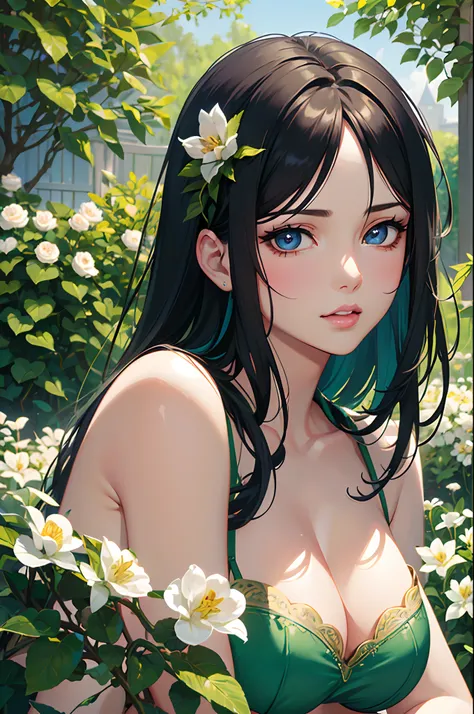 (best quality,highres),nico robin,girl in a garden,beautiful detailed eyes,beautiful detailed lips,extremely detailed eyes and face,long eyelashes,sexy lingerie,soft and silky texture,wavy hair,confident expression,flower garden background,vibrant colors,w...