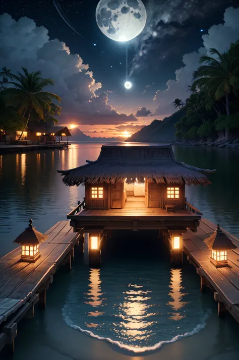 Moonlight over a tropical lagoon, reflected moon shimmers over placid midnight waves, rustic huts on beach, uhd, 8k