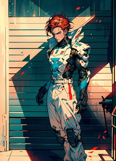 A man with short red-gold hair, hair slicked back, thick and disheveled hair, a cold and ruthless gaze, a confident expression, wears a two-piece futuristic military-style uniform, primarily in shades of white and red, accented by touches of yellow, stream...