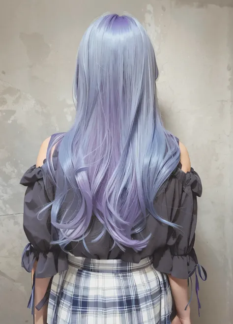 Alafed woman with long purple hair and plaid skirt, Violet Longhair, long wavy purple hair, Glossless hair,long light purple hair, blue gray, Gray color, Long purple hair, Purple flowing hair, light gray long hair, long flowing blue hair, Purple tips for l...