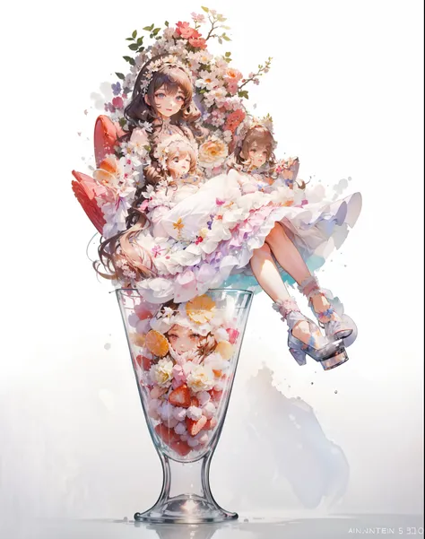 (Extremely delicate and beautiful:1.5),1girll, Sit on a strawberry dessert sundae cup，full bodyesbian，Sweet face，Light smile，By bangs, Gemstone eyes, Contre-Jour，Long curly hair, Lolita dress, brown  hair, Keep ones mouth shut, seen from the side, Lanterns...