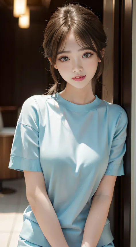 ​masterpiece、Top image quality:1.2、((beautiful young woman with))、Transparent skin:1.2、{A slight smil}、(kawaii)、Short sleeve knit、luxury hotel、depth of fields