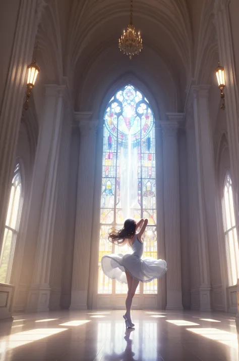 A dancing girl in a bright white dress in a hall of mirrors, her reflections clear across the magnificant hall that tapers towards eternity.