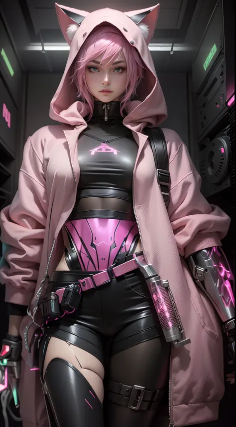 animemanga girl，Pink hoodie，cyber punk style，hoody,  Girl with pink hair wearing hoodie, cat ear hoodie，realistic anime artstyle, Robotic arm，Metal belt，thongs，satchel，anime styled digital art, anime realism style