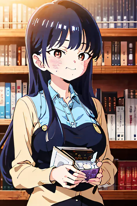 1girl
bangs
baozi
bench
black_hair
blue_hair
blurry
blurry_background
blurry_foreground
blush
bookshelf
brown_eyes
building
dept...