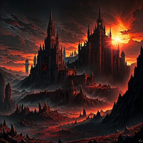 Hellish landscape, imagination, castlevania, (realisticlying), Demonic, Clear sky, Devilish, synthetic, Sun sunset, blood moon, (hdr:1.5), exteriors, intricately details,epic sense，The scene is grand