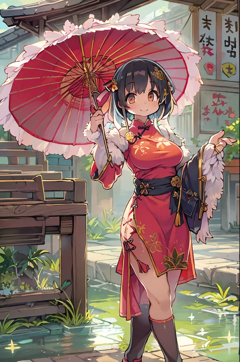 red Cheongsam, 1girl in, Solo, Black hair, Short hair, Upper body, Smile, parasol, maturefemale,