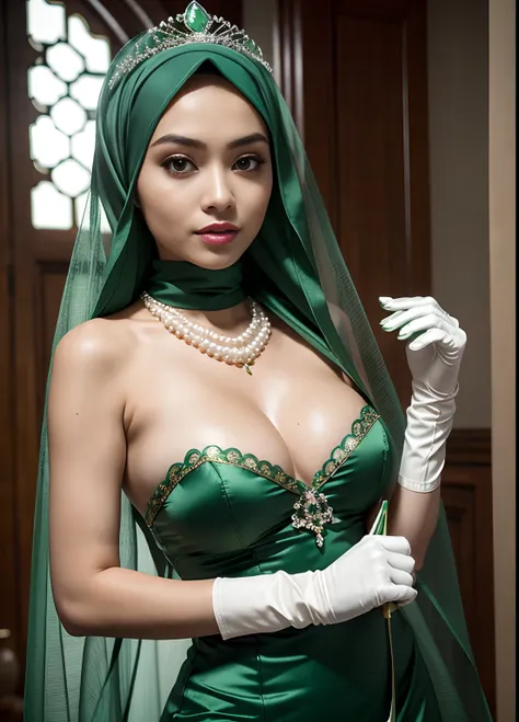 RAW, Best quality, high resolution, masterpiece: 1.3), Beautiful Malay woman in hijab, Masterpiece, perfect slim body, (Big breasts), Green Dress Flower Cleanser，Sense of atmosphere, best qualtiy，masterpiece，Green dress，Daytime Church，full body Esbian, Gre...