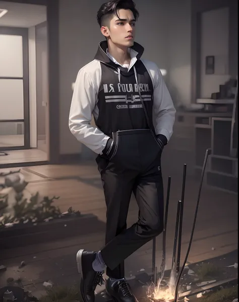 White shirt, Black pant and tie , professional House with computer, ultra HD 8k background 17 yo boy