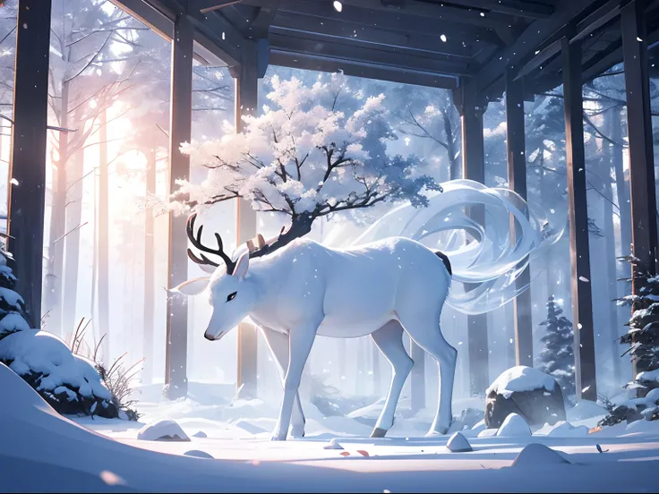 The ice and snow deer that comes leisurely, the pure white body realizes the ice and snow wonderland, Yan Jun becomes the wind, exhales white air in the transparent air, and the ethereal tree together forms a dreamy scene, high-quality CG portrays a magnif...