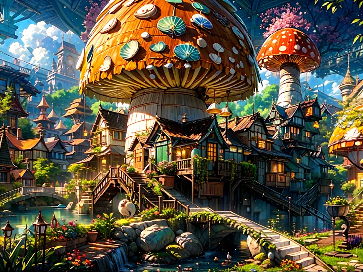 (best quality,4k,8k,highres,masterpiece:1.2),ultra-detailed,(realistic,photorealistic,photo-realistic:1.37),an otherworldly city,a city of the small ones,aerial view,ultra wide angle,ultra wide shot,countless mushroom houses,unique mushroom houses,mushroom...