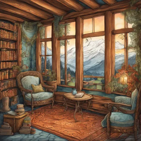 Intricate details of a chalet panel, Candlelit room, Table with books , by Ring Murata, Galaxy in the background, cloud, bright colours, high contrast, mountain, Vector line art, Highlights for teal and orange, trending on pixiv, The art of anime concept, ...