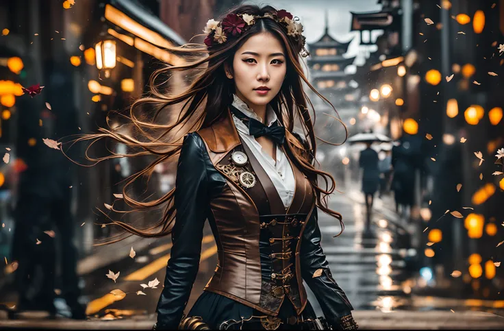 Steampunk girl in 2080 city treet