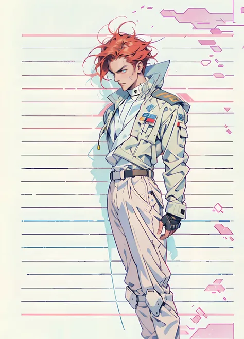 A man with short red-gold hair, hair slicked back, thick and disheveled hair, a cold and ruthless gaze, a confident expression, wears a two-piece futuristic military-style uniform, primarily in shades of white and red, accented by touches of yellow, stream...