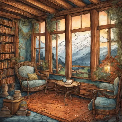 Intricate details of a chalet panel, Candlelit room, Table with books , by Ring Murata, Galaxy in the background, cloud, bright colours, high contrast, mountain, Vector line art, Highlights for teal and orange, trending on pixiv, The art of anime concept, ...