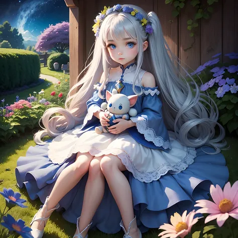 high quality, fairy tale world, little character, big head, doll-like pretty girl, long silvery hair, big blue eyes, garden full of cosmos