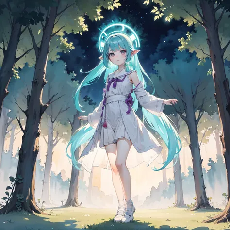 Beautiful and aesthetic,, Solo,Cute,colorfulhair，Dance，，Huge tree，(glowing ambiance, enchanting glow, luminouslighting, Ethereal atmosphere,Watercolor illustration, Perfect anatomy, Masterpiece, Best quality, 1girll, Loli,elementary student,Nature, landsca...